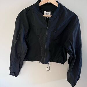 Madden NYC Cropped Black Bomber Jacket Zip Front Drawcord Hem Lightweight Chic